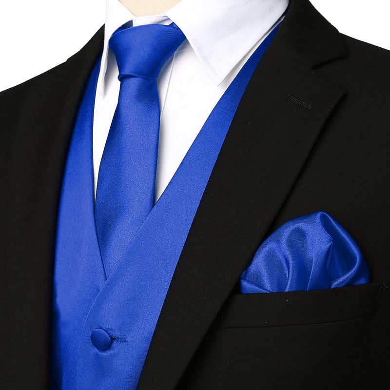 ZEROYAA Men's Solid 4pc Shiny Satin Vest Necktie Bowtie Pocket Square Set for Suit or Tuxedo ZLSV12 Royal Medium - Image 2